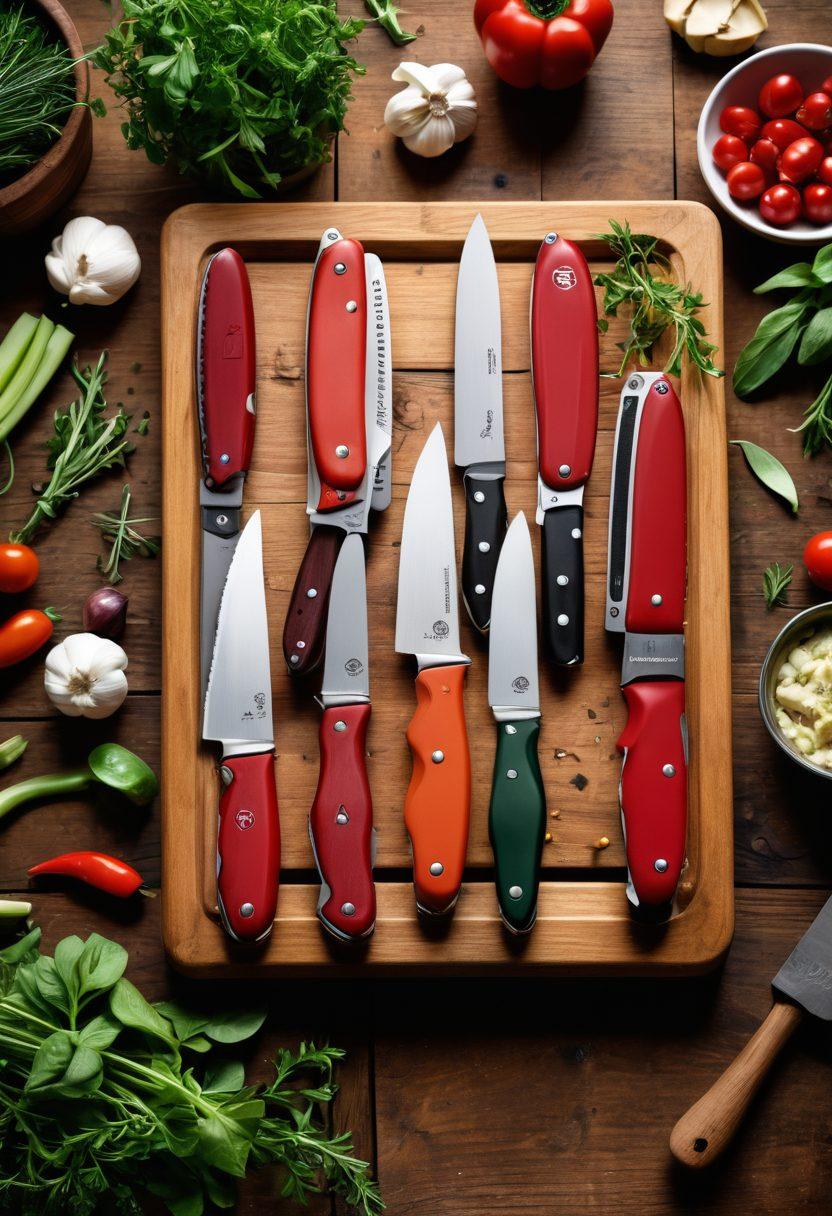 An elegant display of various Victorinox knives, showcasing both culinary and outdoor tools, arranged artistically on a rustic wooden table. Include vibrant herbs and fresh vegetables to represent cooking, alongside rugged outdoor gear like a compass and a backpack to symbolize adventure. The background should be softly blurred to emphasize the knives in sharp focus. super-realistic. vibrant colors. natural lighting.