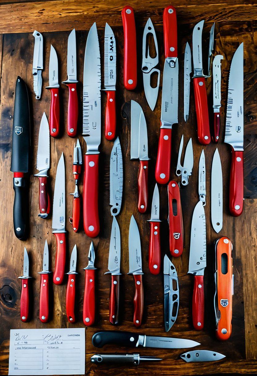 A beautifully arranged display of various Victorinox knives on a wooden surface, showcasing their sleek designs and signature red handles. Surrounding the knives, include a measuring tape, a magnifying glass, and a notepad with hand-written notes for knife evaluation. Soft natural light filters in, highlighting the craftsmanship and unique features of each knife. Background includes a blurred out kitchen setting to evoke a practical vibe. super-realistic. vibrant colors. soft focus.