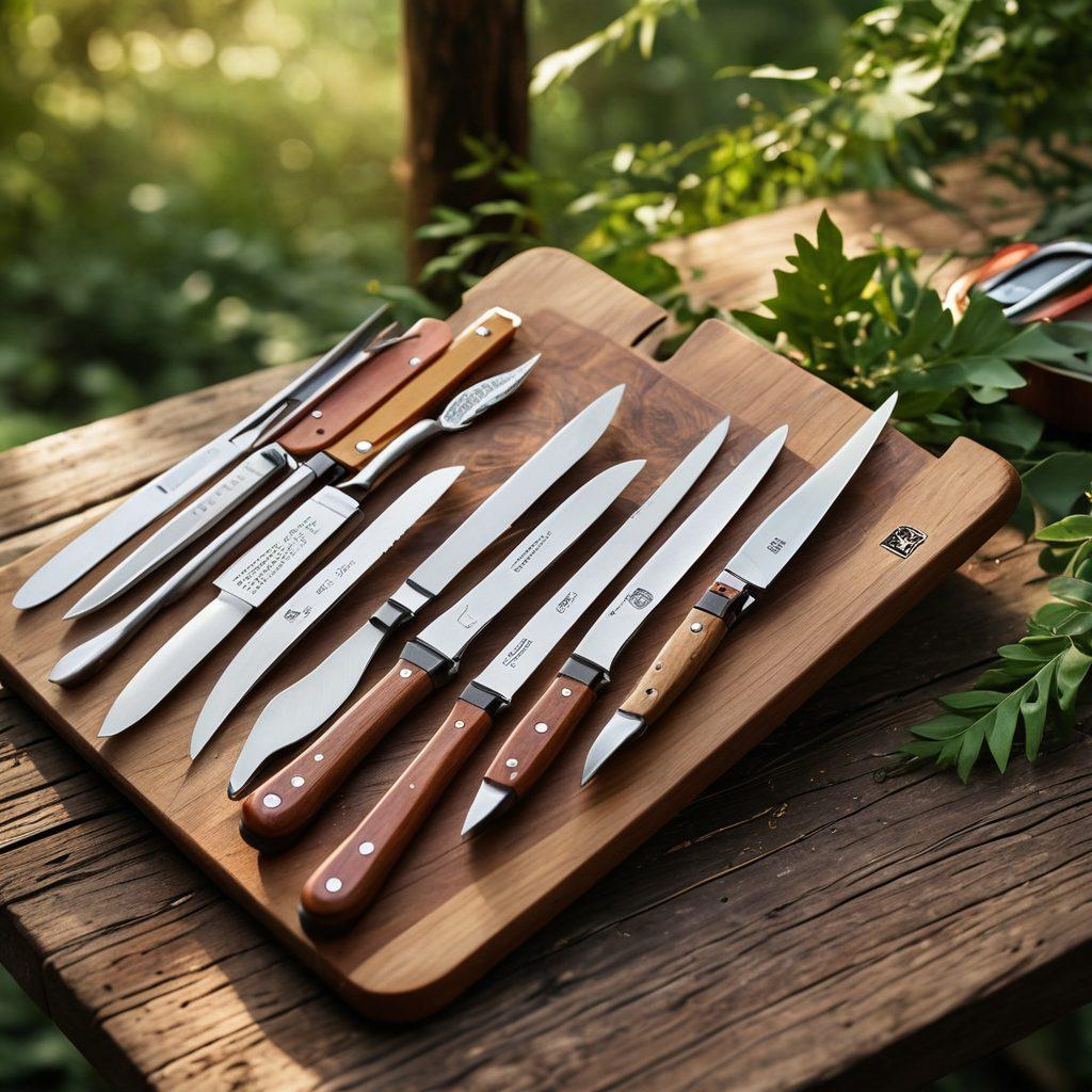 An elegant display of Victorinox's premium cutlery and outdoor tools arranged artistically on a rustic wooden table, highlighting the craftsmanship and precision of each piece. A natural outdoor setting with soft sunlight filtering through leaves in the background, evoking a sense of adventure and quality. A subtle gradient of colors to enhance the premium feel while showcasing the vibrant hues of the tools. super-realistic. warm tones. nature-inspired backdrop.